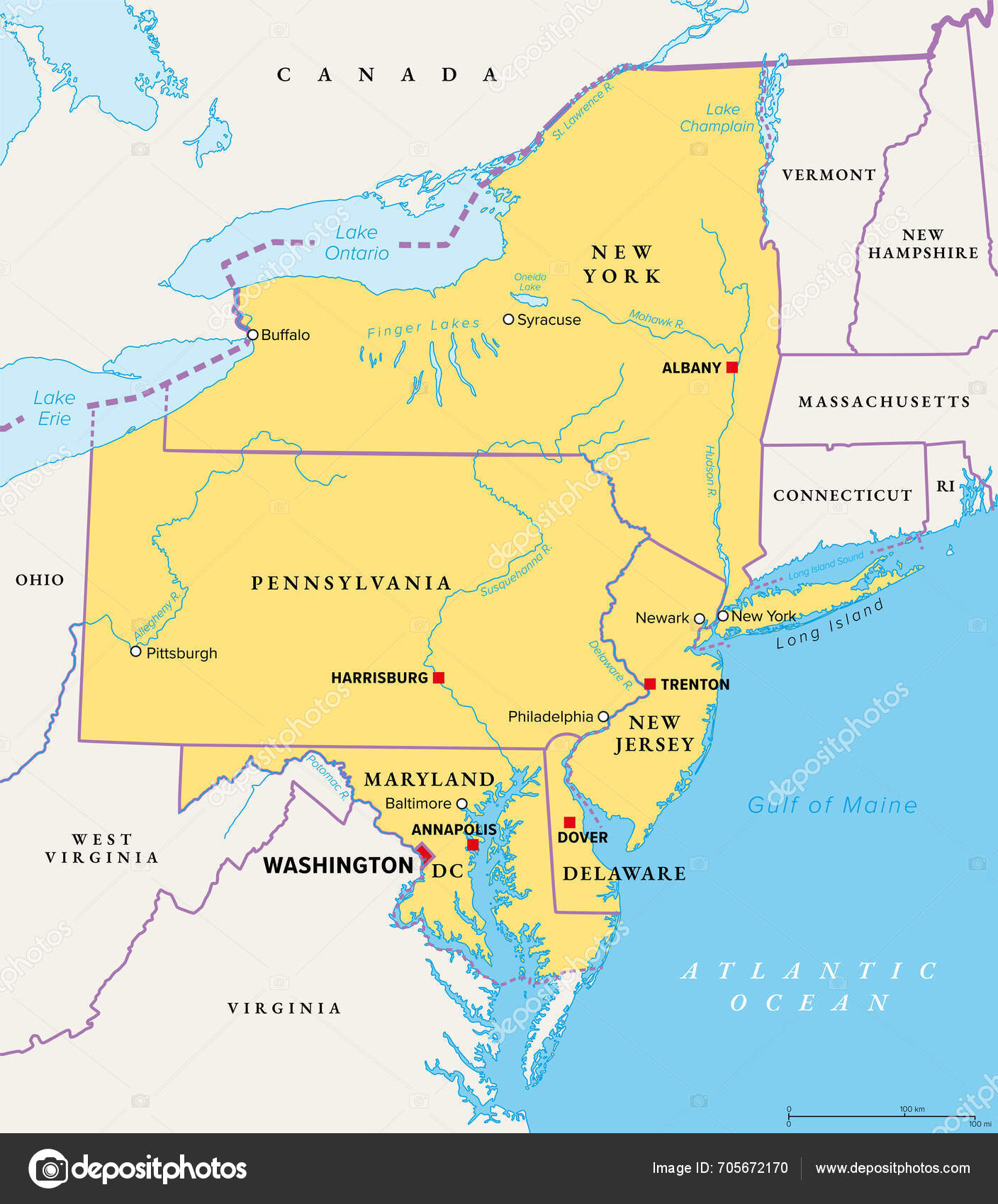 Mid Atlantic Region United States Political Map Located Overlap