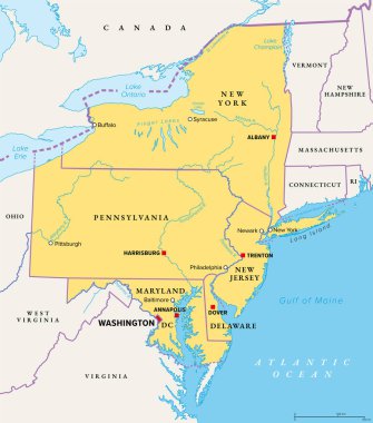 Amerika Birleşik Devletleri 'nin orta-Atlantik bölgesi, politik harita. Delaware, D.C., Maryland, New Jersey, New York ve Pennsylvania da dahil olmak üzere kuzeydoğu ve güneydoğu eyaletleri arasında kesişen bölgede yer alıyor..