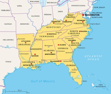 Güneydoğu Bölgesi, Birleşik Devletler 'in güneyi, politik harita. Coğrafi ve kültürel bölge, Güney Amerika Birleşik Devletleri, Güney Amerika, Güney Bölgesi, Güney Bölgesi, Dixieland veya Dixie olarak da bilinir..