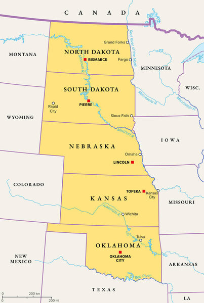 Регион Великих равнин Соединенных Штатов, политическая карта. Иногда просто равнины - это обширные равнинные земли в Северной Америке, расположенные между Роки-Маунтин и Средним Западом..