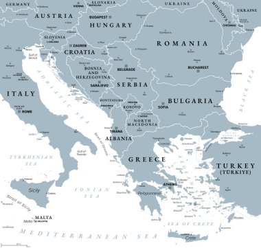 The Balkans and Balkan Peninsula, gray political map, with country borders, capitals, and largest cities. Geographical area in southeastern Europe, bordered by Adriatic, Ionian, Aegean, and Black Sea.