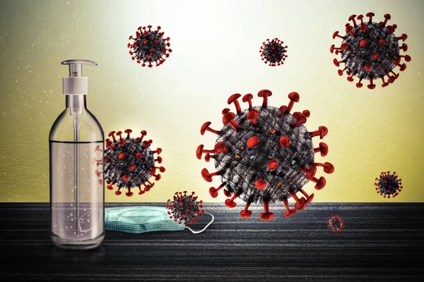 El dezenfektanı şişesi ve maskeli Corona virüsü COVID-19