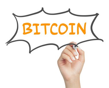 el bitcoin mesaj karikatür balonunda marker ile beyaz zemin üzerine yazma