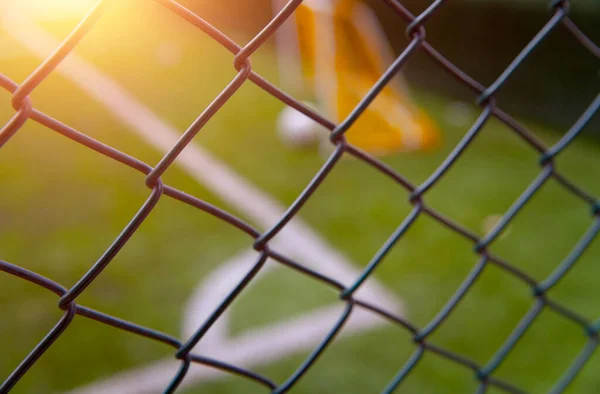 Astroturf Synthetic Grass Soccer Field Blurred Corner Lines Soccer Ball — Stock Photo, Image