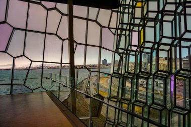 Arka Planda Reykjavik Şehrinin Harpa'nın Cam Cephesinden Görünümü