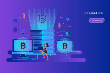 Çağdaş degrade düz çizgi kavramı web afiş cryptocurrency ve blockchain ile dekore edilmiş küçük insanlar karakter. Açılış sayfası şablonu. Web ve grafik tasarım için kavramsal vektör çizim.