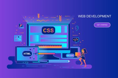 Çağdaş degrade düz çizgi kavramı web banner web geliştirme ile dekore edilmiş küçük insanlar karakter. Açılış sayfası şablonu. Web ve grafik tasarım, pazarlama için kavramsal vektör çizim.