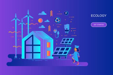 Çağdaş degrade düz çizgi kavramı web afiş ekoloji ile dekore edilmiş küçük insanlar karakter. Açılış sayfası şablonu. Web ve grafik tasarım, pazarlama için kavramsal vektör çizim.