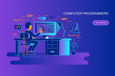 Çağdaş degrade düz çizgi kavramı web afiş bilgisayar programcıları ile dekore edilmiş küçük insanlar karakter. Açılış sayfası şablonu. Web ve grafik tasarım, pazarlama için kavramsal vektör çizim.