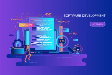 Çağdaş degrade düz çizgi kavramı web afiş yazılım geliştirme ile dekore edilmiş küçük insanlar karakter. Açılış sayfası şablonu. Web ve grafik tasarım, pazarlama için kavramsal vektör çizim.