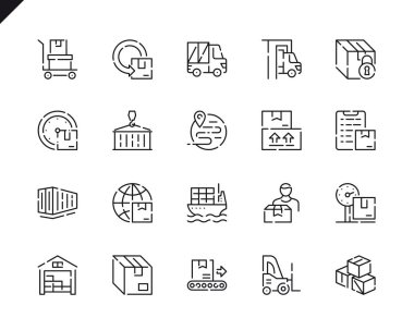 Web sitesi ve mobil uygulamalar için basit Set paketi teslim çizgi simgeler. Ambar, kamyon, dünya çapında nakliye, kargo olarak böyle simgeleri içerir. 48 x 48 piksel mükemmel. Vektör çizim.