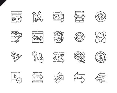 Web sitesi ve mobil uygulamalar için basit Set Rating satır simgeler. Tıklama başına ödeme, ok, paraya, trafik hız, Exchange olarak böyle simgeleri içerir. 48 x 48 piksel mükemmel. Vektör çizim.