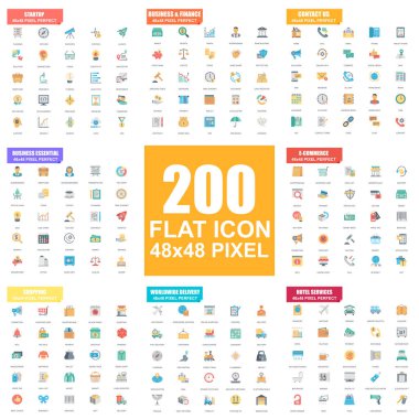 Basit vektör düz simgeler kümesi. İş, finans, başlangıç, böyle simgeler içeren E-ticaret, alışveriş, teslimat, bize otel hizmetleri ulaşın. Düz piktogram paketi. 48 x 48 piksel mükemmel.