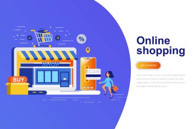 Online alışveriş modern düz konsept web afiş ile dekore edilmiş küçük insanlar karakter. Açılış sayfası şablonu. Web ve grafik tasarım, pazarlama için kavramsal vektör çizim.