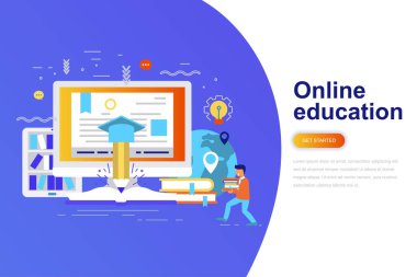 Online eğitim modern düz konsept web afiş ile dekore edilmiş küçük insanlar karakter. Açılış sayfası şablonu. Web ve grafik tasarım, pazarlama için kavramsal vektör çizim.
