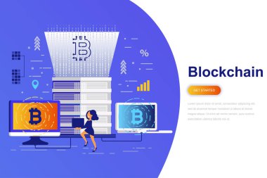 Cryptocurrency ve blockchain modern düz konsept web afiş ile dekore edilmiş küçük insanlar karakter. Açılış sayfası şablonu. Web ve grafik tasarım için kavramsal vektör çizim.
