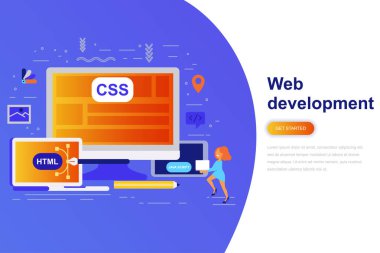 Web geliştirme modern düz konsept web afiş ile dekore edilmiş küçük insanlar karakter. Açılış sayfası şablonu. Web ve grafik tasarım, pazarlama için kavramsal vektör çizim.