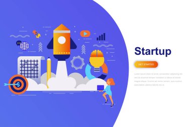 İş başlangıç modern düz konsept web afiş ile dekore edilmiş küçük insanlar karakter. Açılış sayfası şablonu. Web ve grafik tasarım, pazarlama için kavramsal vektör çizim.