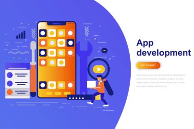 App Geliştirme modern düz konsept web afiş ile dekore edilmiş küçük insanlar karakter. Açılış sayfası şablonu. Web ve grafik tasarım, pazarlama için kavramsal vektör çizim.