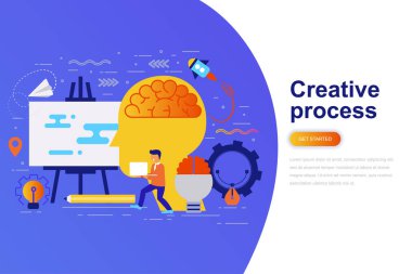 Yaratıcı süreç modern düz konsept web afiş ile dekore edilmiş küçük insanlar karakter. Açılış sayfası şablonu. Web ve grafik tasarım, pazarlama için kavramsal vektör çizim.