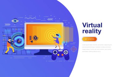 Sanal gerçeklik modern düz konsept web afiş ile dekore edilmiş küçük insanlar karakter. Açılış sayfası şablonu. Web ve grafik tasarım, pazarlama için kavramsal vektör çizim.