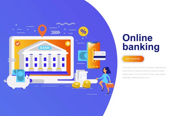Online Banki Modern Lapos Koncepció Webes Reklámcsík Díszített Kis Emberek — Stock Vector