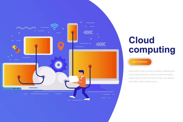 Cloud Computing Moderno Banner Web Concepto Plano Con Carácter Personas — Vector de stock