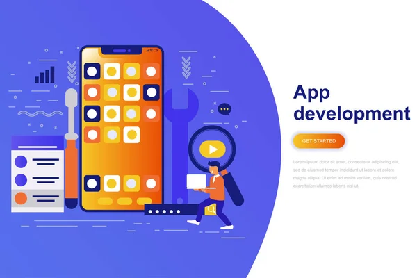 Разработка Приложений Современный Плоский Концепт Веб Баннер Украшенным Персонажем Маленьких — стоковый вектор