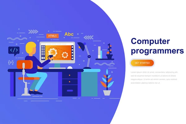 Programadores Informáticos Moderno Concepto Plano Banner Web Con Carácter Decorado — Vector de stock