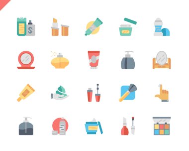 Web sitesi ve mobil uygulamalar için basit Set kozmetik düz simgeler. Makyaj fırça, Deodorant, krem şişesi, ruj, güzellik olarak böyle simgeleri içerir. 48 x 48 piksel mükemmel. Vektör çizim.
