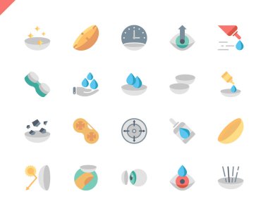 Web sitesi ve mobil uygulamalar için basit Set göz Lens düz simgeler. Lensler, koruma kabı, damlalık, ilaç olarak böyle simgeleri içerir. 48 x 48 piksel mükemmel. Vektör çizim.