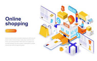 Online alışveriş modern düz tasarım izometrik konsepti. Satılık, tüketim ve insanlar kavramı. Açılış sayfası şablonu. Web ve grafik tasarım için kavramsal izometrik vektör çizim.