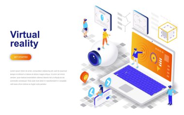 Sanal gerçeklik gözlük modern düz tasarım izometrik konsepti. Eğlenceli ve insanlar kavramı. Açılış sayfası şablonu. Web ve grafik tasarım için kavramsal izometrik vektör çizim.
