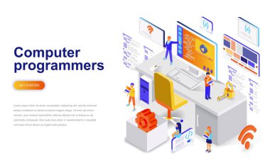 Bilgisayar programcıları modern düz tasarım izometrik kavramı. Yazılım geliştirme ve insan kavramı. Açılış sayfası şablonu. Web ve grafik tasarım için kavramsal izometrik vektör çizim.