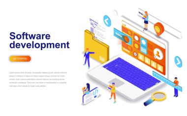 Yazılım geliştirme modern düz tasarım izometrik konsepti. Geliştirici ve insanlar kavramı. Açılış sayfası şablonu. Web ve grafik tasarım için kavramsal izometrik vektör çizim.