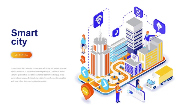 Inteligentne Miasta Koncepcja Izometryczny Nowoczesna Płaska Konstrukcja Koncepcja Architektury Ludzi — Wektor stockowy