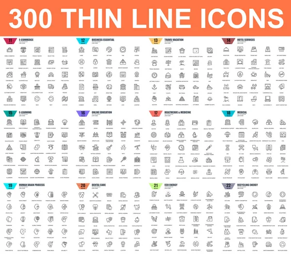 简单的矢量薄线图标集 包含商业 电子商务 生态学等图标 48X48 像素完美 线性象形文字包 — 图库矢量图片