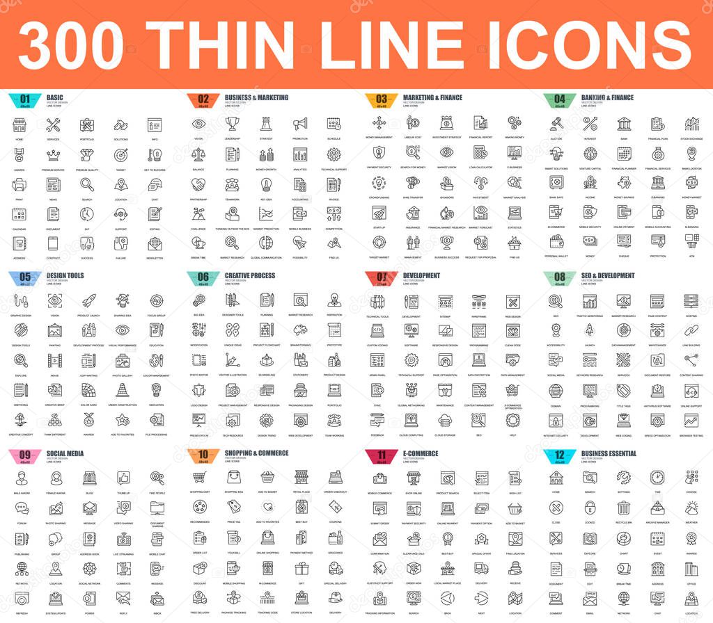 Simple set of vector thin line icons. Contains such Icons as Business, Marketing, Shopping, Banking, E-commerce, SEO, Technology, Development, Finance. 48x48 Pixel Perfect. Linear pictogram pack.