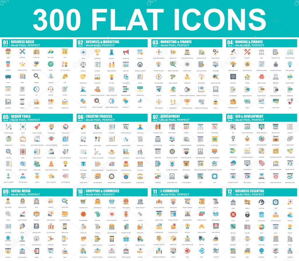 Simple set of vector flat icons. Contains such Icons as Business, Marketing, Shopping, Banking, E-commerce, SEO, Technology, Development, Finance. 48x48 Pixel Perfect. Flat pictogram pack.