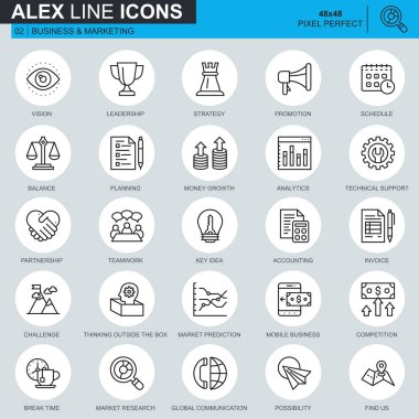 İnce çizgi işletme ve pazarlama web sitesi ve mobil site ve uygulamalar için simgeler. Liderlik, vizyon, muhasebe gibi simgeler içerir. 48 x 48 piksel mükemmel. Düzenlenebilir inme. Vektör çizim.