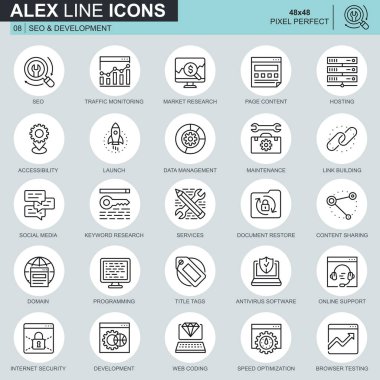 İnce çizgi seo ve geliştirme simgeler Web sitesi ve mobil site ve uygulamalar için ayarlayın. Hosting, Pazar araştırması, programlama olarak böyle simgeleri içerir. 48 x 48 piksel mükemmel. Düzenlenebilir inme. Vektör çizim.