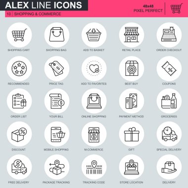 Simgeleri ince çizgi çevrimiçi alışveriş ve e-ticaret Web sitesi ve mobil site ve uygulamalar için ayarlayın. Sepet, teslimat, fiyat etiketi olarak böyle simgeleri içerir. 48 x 48 piksel mükemmel. Düzenlenebilir inme. Vektör çizim.