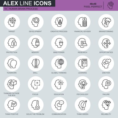 Web ve mobil site ve uygulamalar için ince çizgi insan beyni süreci, özellikleri ve duygular simgeler. Hedef olarak, beceri böyle simgeleri içerir. 48 x 48 piksel mükemmel. Düzenlenebilir inme. Vektör çizim.