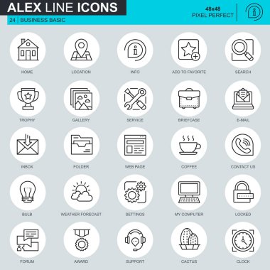 İnce çizgi temel kutsal kişilerin resmi web sitesi ve mobil site ve uygulamalar için ayarlayın. Konumu, evrak çantası, lamba, destek, iş, ödül olarak böyle simgeleri içerir. 48 x 48 piksel mükemmel. Düzenlenebilir inme. Vektör çizim.