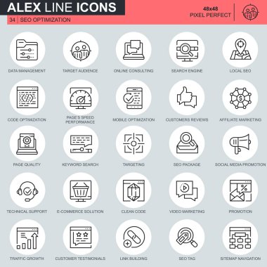 İnce çizgi seo ve web optimizasyonu simgeler Web sitesi ve mobil site ve uygulamalar için ayarlayın. Hedef, pazarlama, trafik büyüme olarak böyle simgeleri içerir. 48 x 48 piksel mükemmel. Düzenlenebilir inme. Vektör çizim.