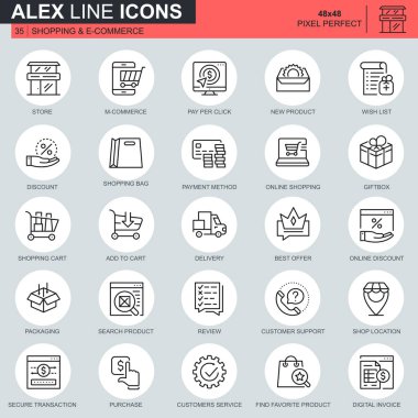 İnce çizgi ve e-ticaret alışveriş simgeleri Web sitesi ve mobil site ve uygulamalar için ayarlayın. Teslimat, ödeme, mağaza, ticaret olarak böyle simgeleri içerir. 48 x 48 piksel mükemmel. Düzenlenebilir inme. Vektör çizim.