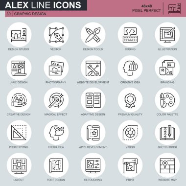 İnce çizgi web ve grafik tasarım simgeler Web sitesi ve mobil site ve uygulamalar için ayarlayın. Studio, uygulama geliştirme, rötuş olarak böyle simgeleri içerir. 48 x 48 piksel mükemmel. Düzenlenebilir inme. Vektör çizim.