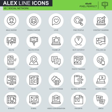 İnce çizgi sosyal medya ve ağ kutsal kişilerin resmi web sitesi ve mobil site ve apps için ayarlayın. Avatar, bloglama, dostluk gibi simgeler içerir. 48 x 48 piksel mükemmel. Düzenlenebilir inme. Vektör çizim.