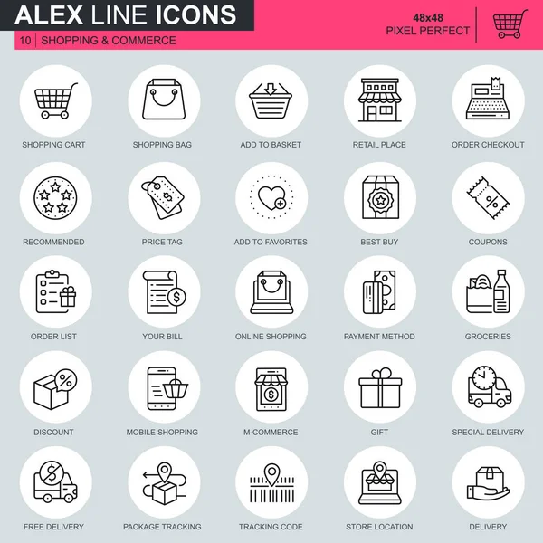 Simgeleri ince çizgi çevrimiçi alışveriş ve e-ticaret Web sitesi ve mobil site ve uygulamalar için ayarlayın. Sepet, teslimat, fiyat etiketi olarak böyle simgeleri içerir. 48 x 48 piksel mükemmel. Düzenlenebilir inme. Vektör çizim.