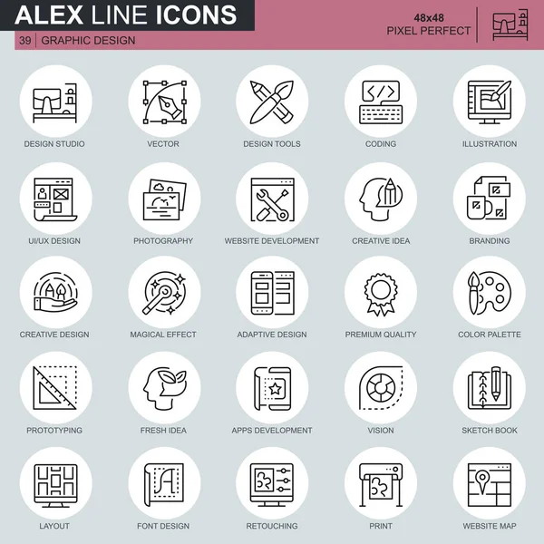 İnce çizgi web ve grafik tasarım simgeler Web sitesi ve mobil site ve uygulamalar için ayarlayın. Studio, uygulama geliştirme, rötuş olarak böyle simgeleri içerir. 48 x 48 piksel mükemmel. Düzenlenebilir inme. Vektör çizim.